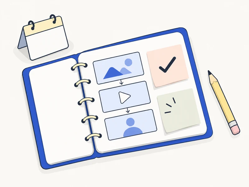 A creative notebook with a video concept, calendar, and drawing tools.
