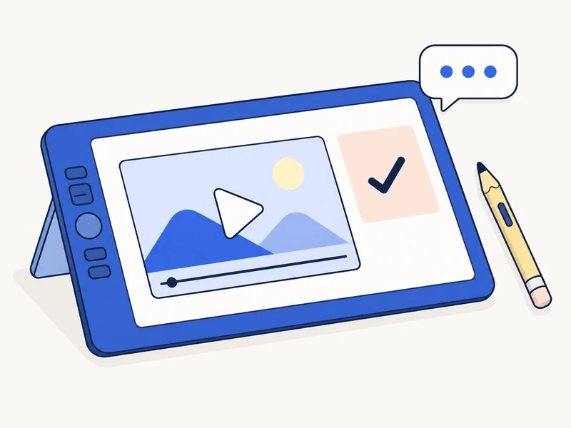 A video editing tablet with an annotation pen, feedback note, and approval.